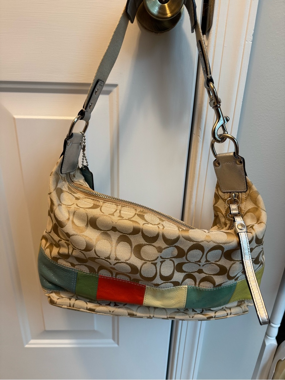Coach Beige Signature Hobo with Multicolor Leather Patch